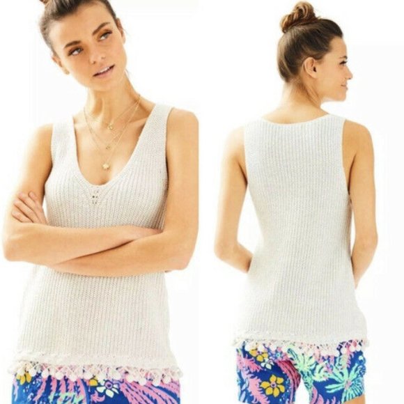 Lilly Pulitzer Knit & Fringe Sleeveless V-Neck Sweater Blouse- XS - Picture 1 of 5